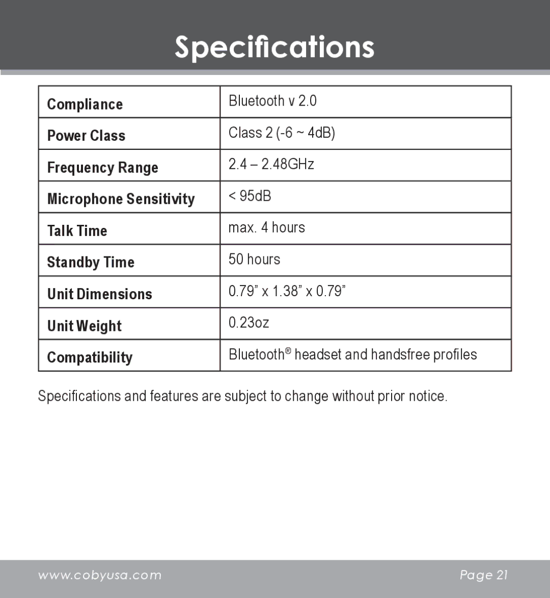 COBY electronic CV-M225 instruction manual Specifications, Compatibility 