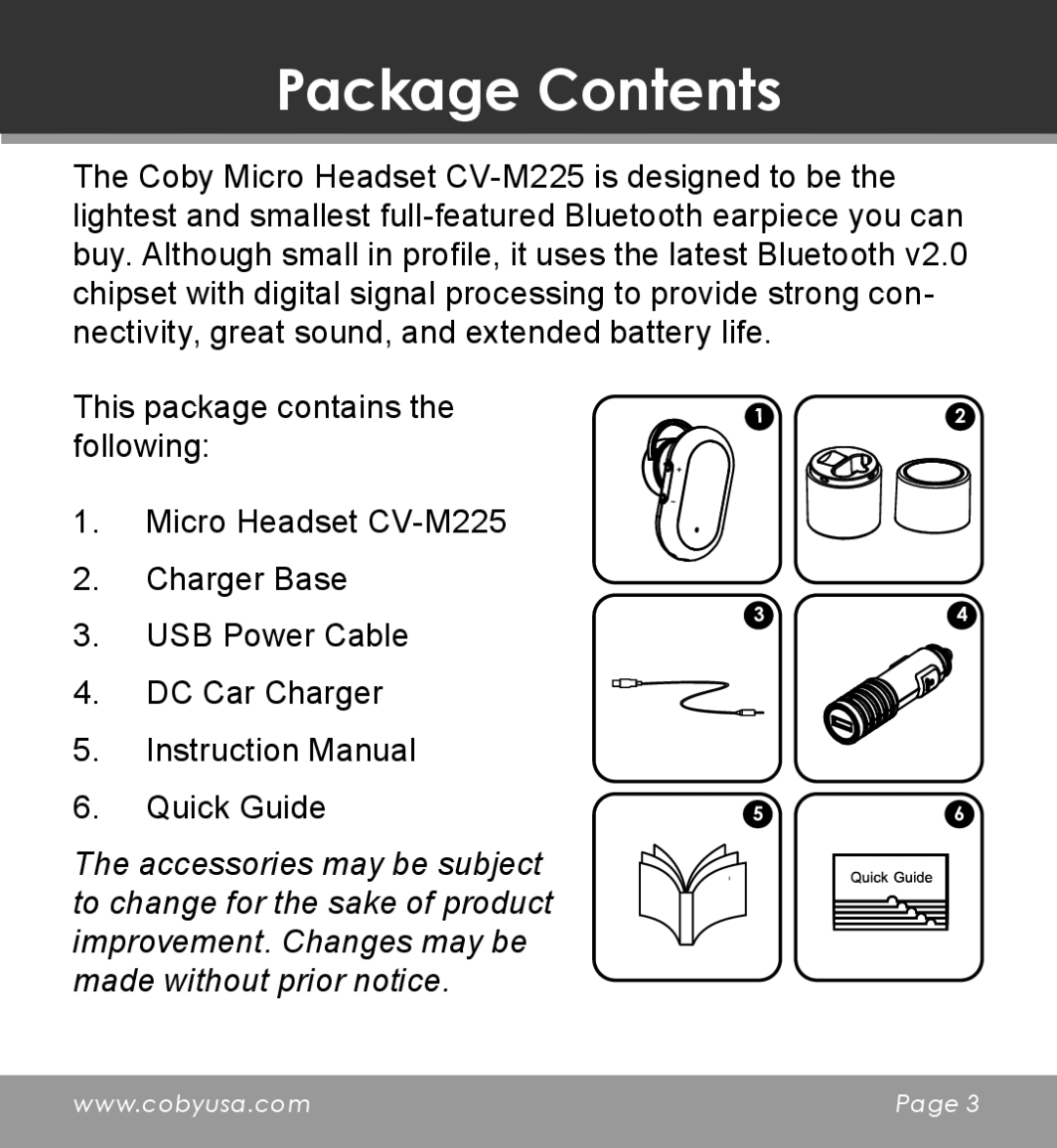 COBY electronic CV-M225 instruction manual Package Contents 