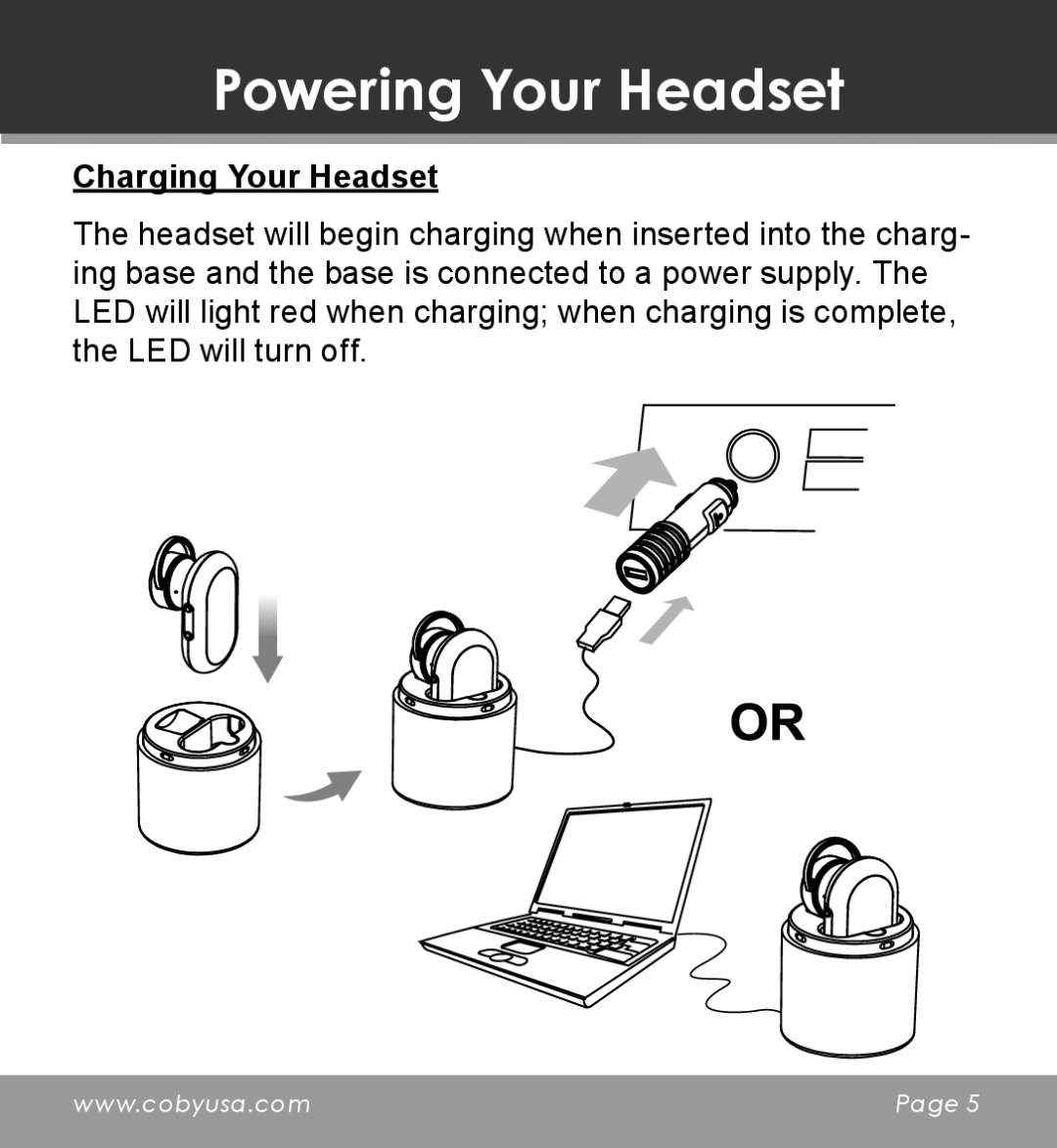 COBY electronic CV-M225 instruction manual Powering Your Headset, Charging Your Headset 