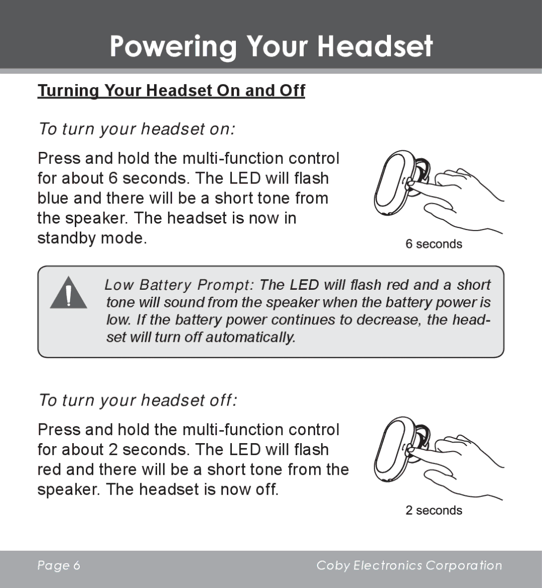 COBY electronic CV-M225 Turning Your Headset On and Off, To turn your headset on, To turn your headset off 