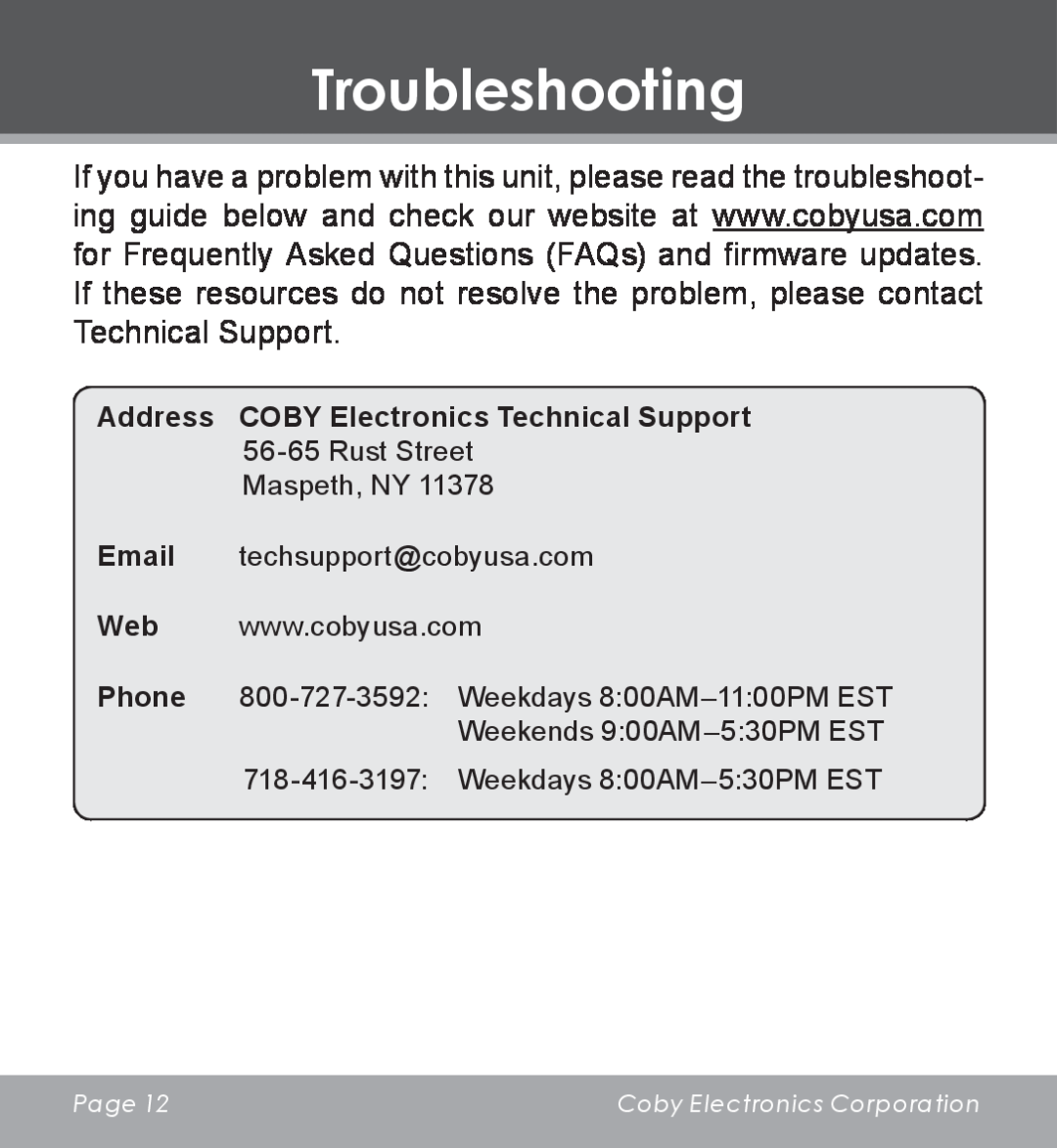 COBY electronic CV-M225 instruction manual Troubleshooting, Address COBY Electronics Technical Support, Phone 
