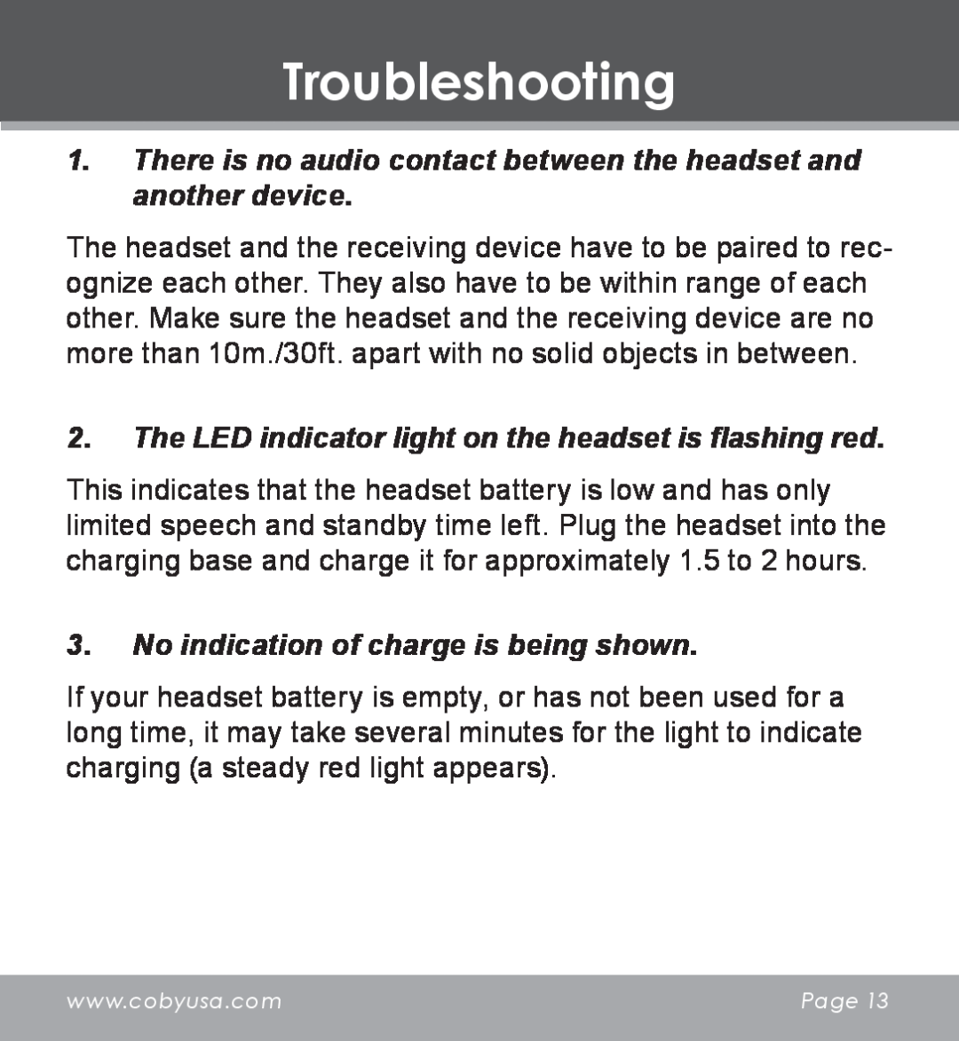 COBY electronic CV-M225 instruction manual Troubleshooting, No indication of charge is being shown 