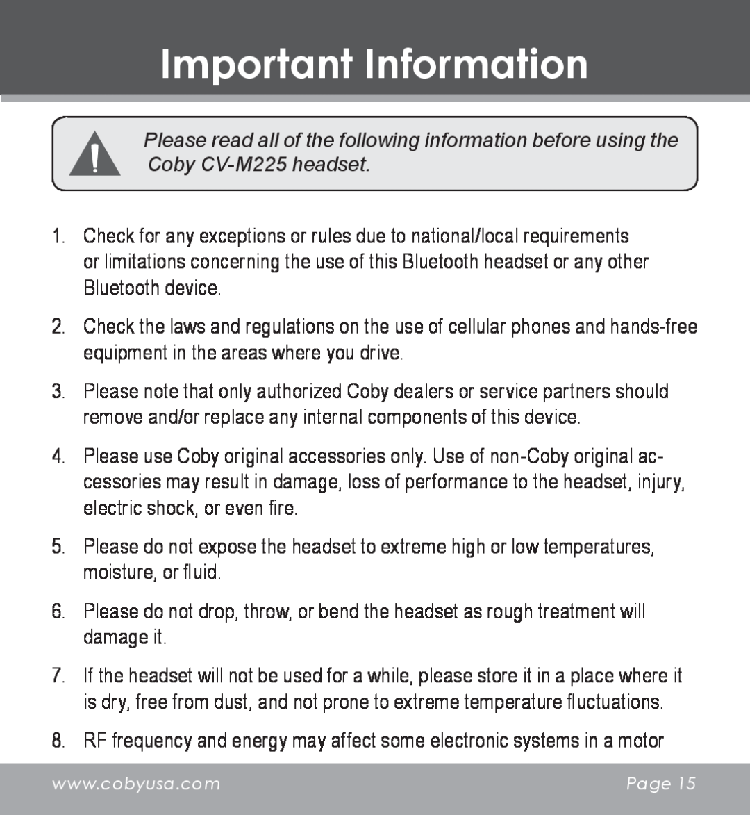 COBY electronic CV-M225 instruction manual Important Information 