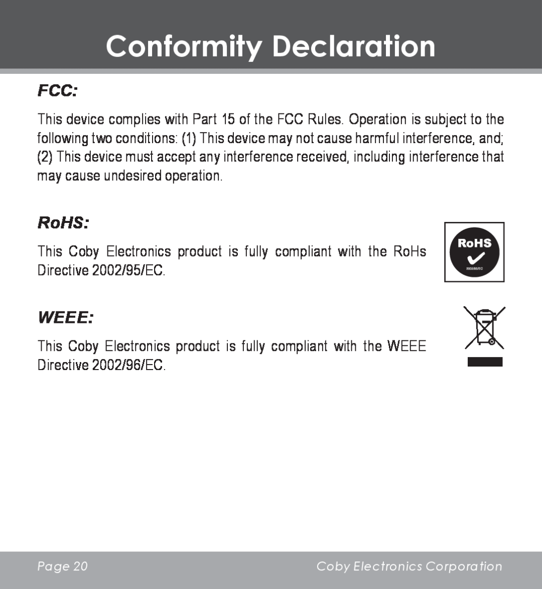 COBY electronic CV-M225 instruction manual Conformity Declaration, RoHS, Weee 