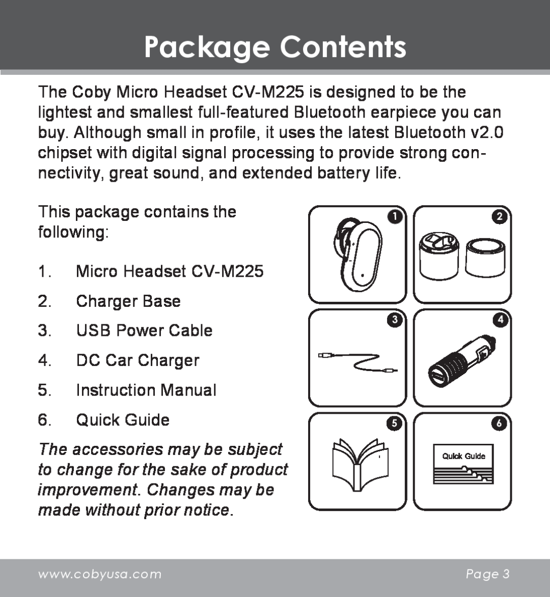 COBY electronic CV-M225 instruction manual Package Contents 