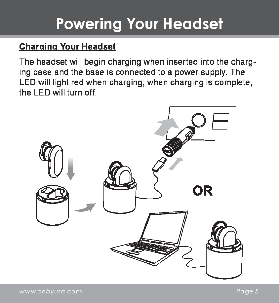 COBY electronic CV-M225 instruction manual Powering Your Headset, Charging Your Headset, Page  