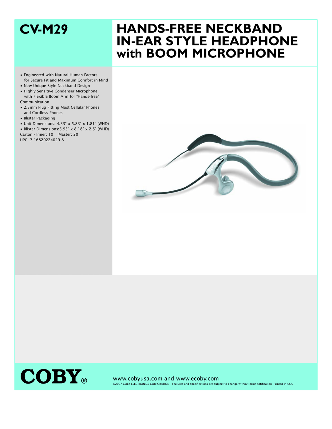 COBY electronic CV M29 specifications Coby, CV-M29, Hands-Freeneckband, In-Earstyle Headphone, with BOOM MICROPHONE 