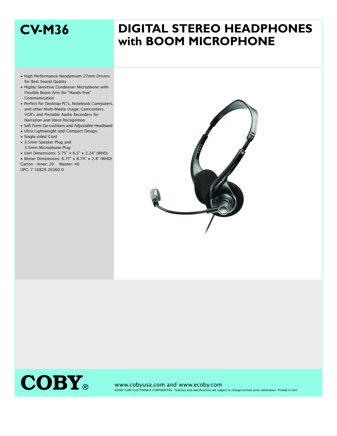 COBY electronic CV M36 specifications Coby, CV-M36, DIGITAL STEREO HEADPHONES with BOOM MICROPHONE 