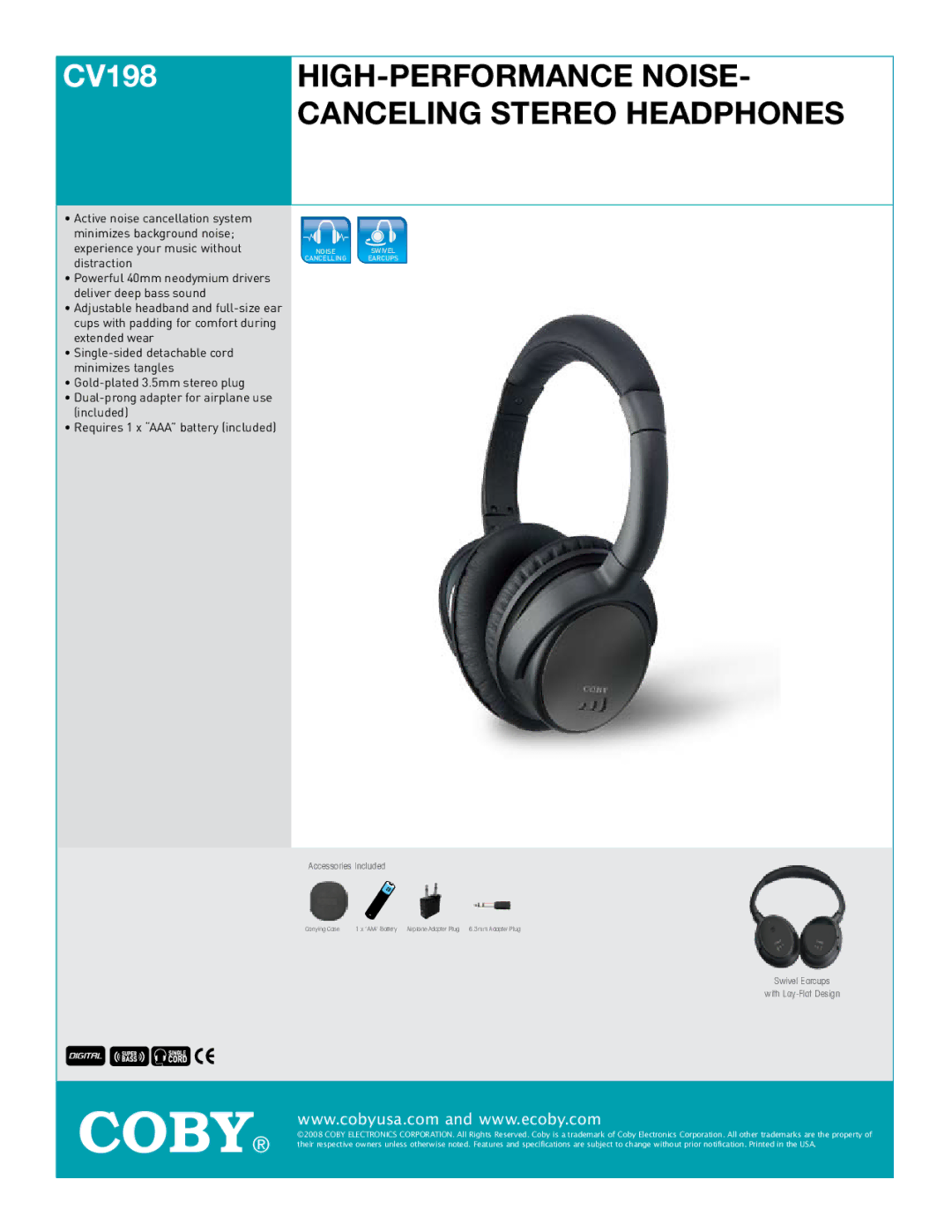 COBY electronic CV198 specifications HIGH-PERFORMANCE NOISE- Canceling Stereo Headphones 