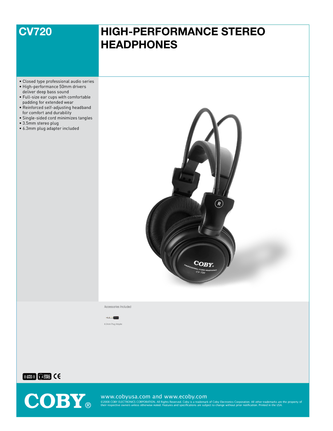 COBY electronic CV720 specifications HIGH-PERFORMANCE Stereo Headphones 