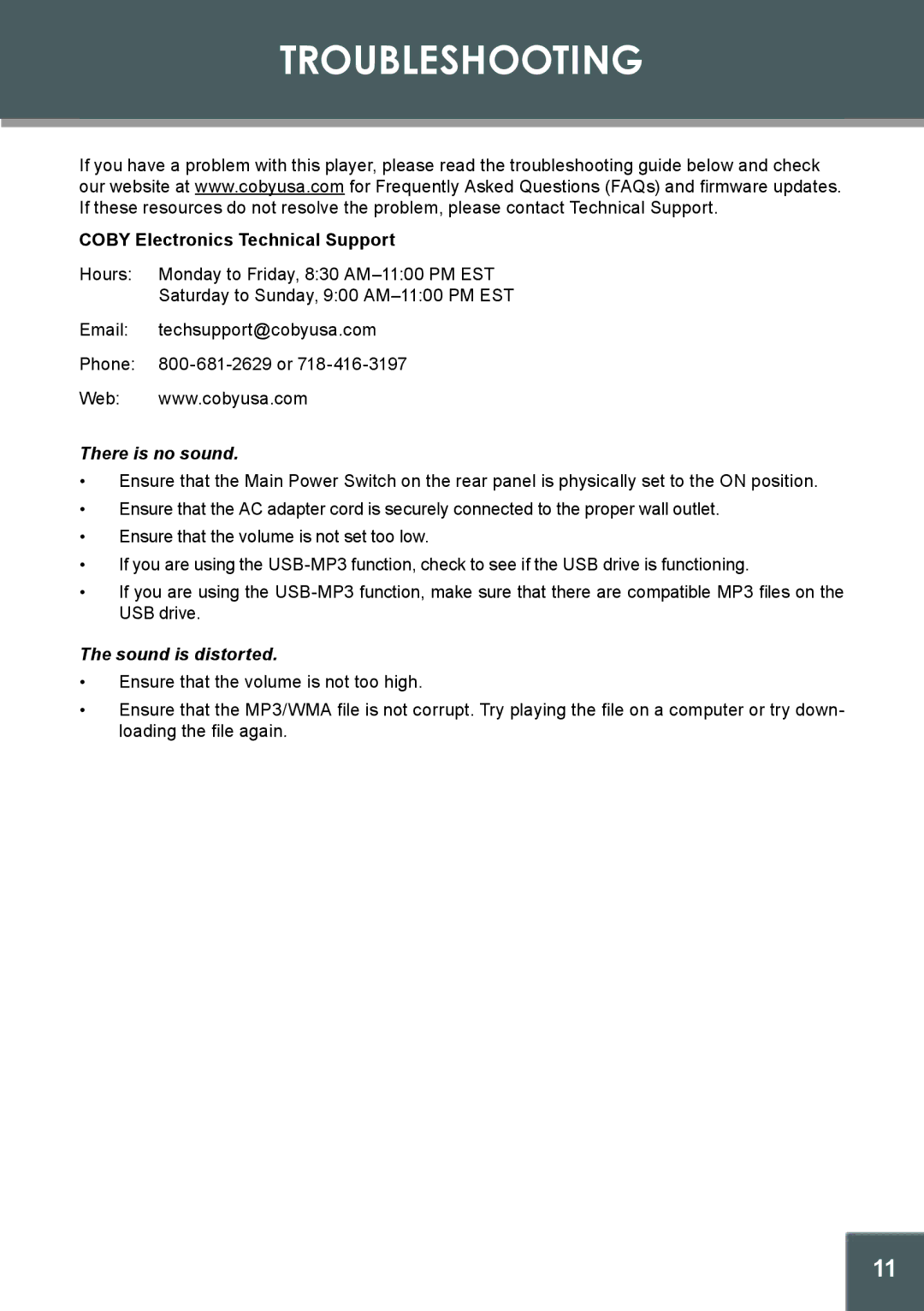 COBY electronic CX-166 instruction manual Troubleshooting, Coby Electronics Technical Support 