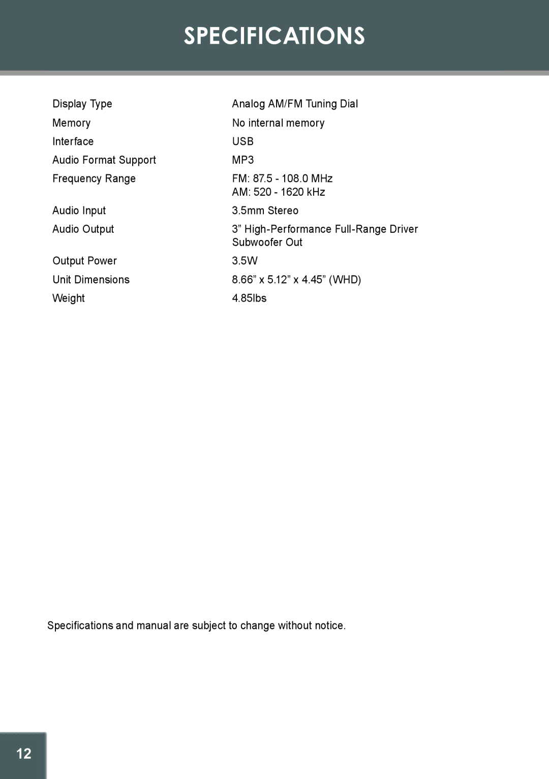 COBY electronic CX-166 instruction manual Specifications, MP3 