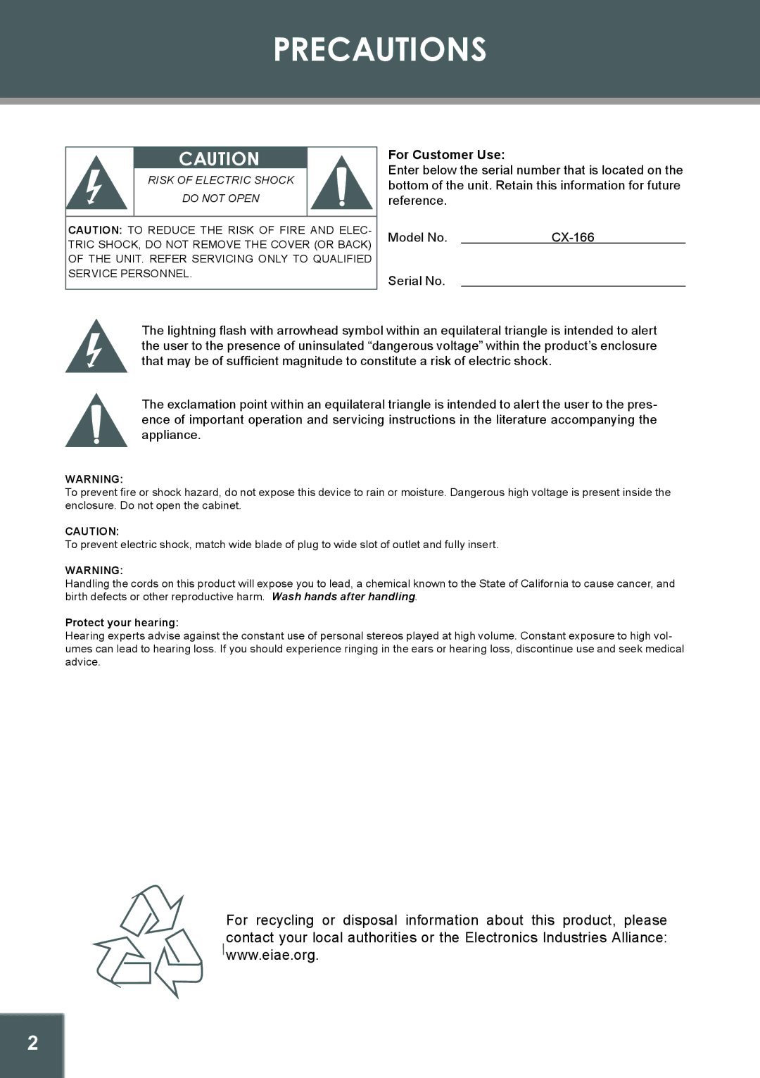 COBY electronic CX-166 instruction manual Precautions, For Customer Use 