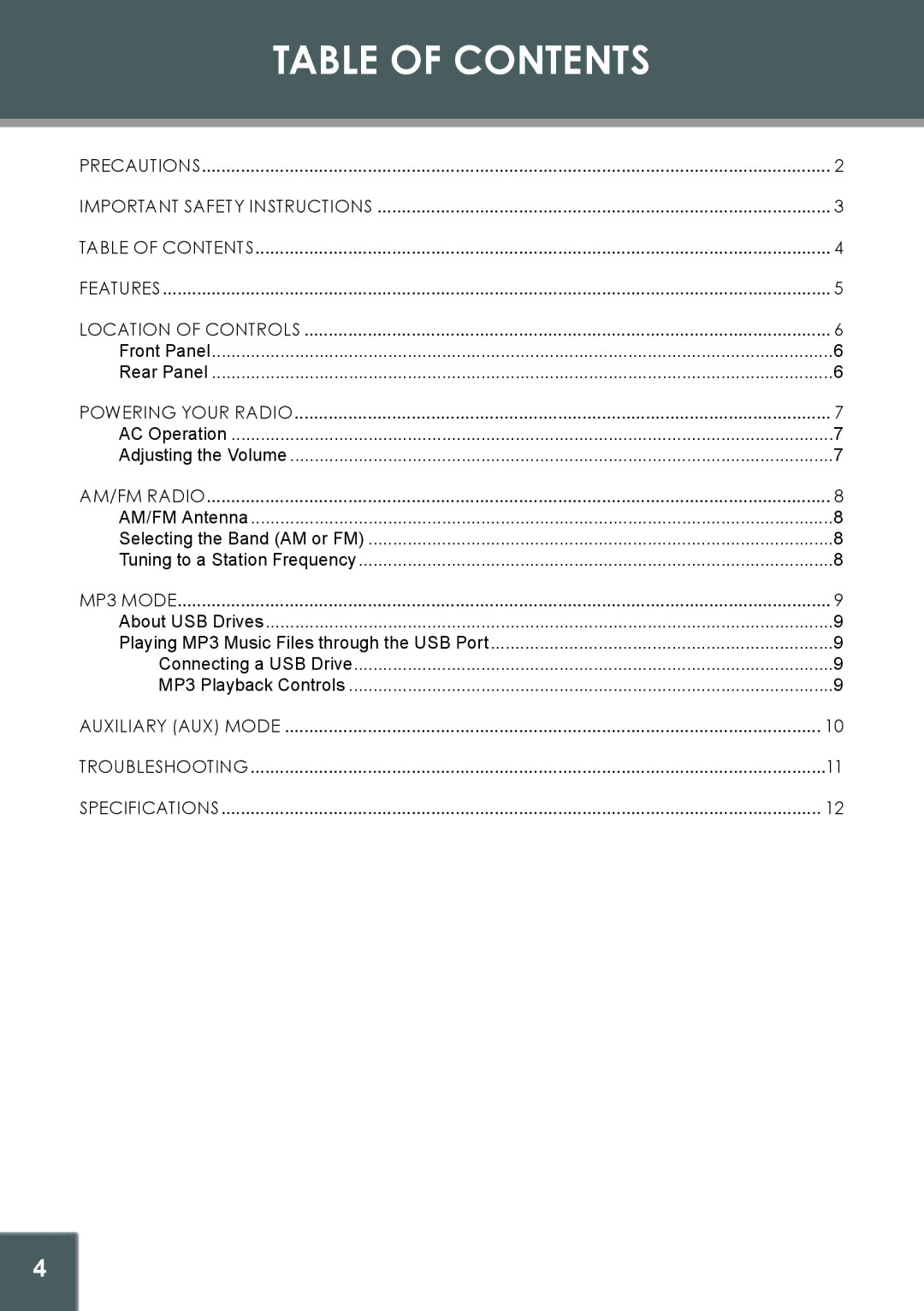 COBY electronic CX-166 instruction manual Table of Contents 