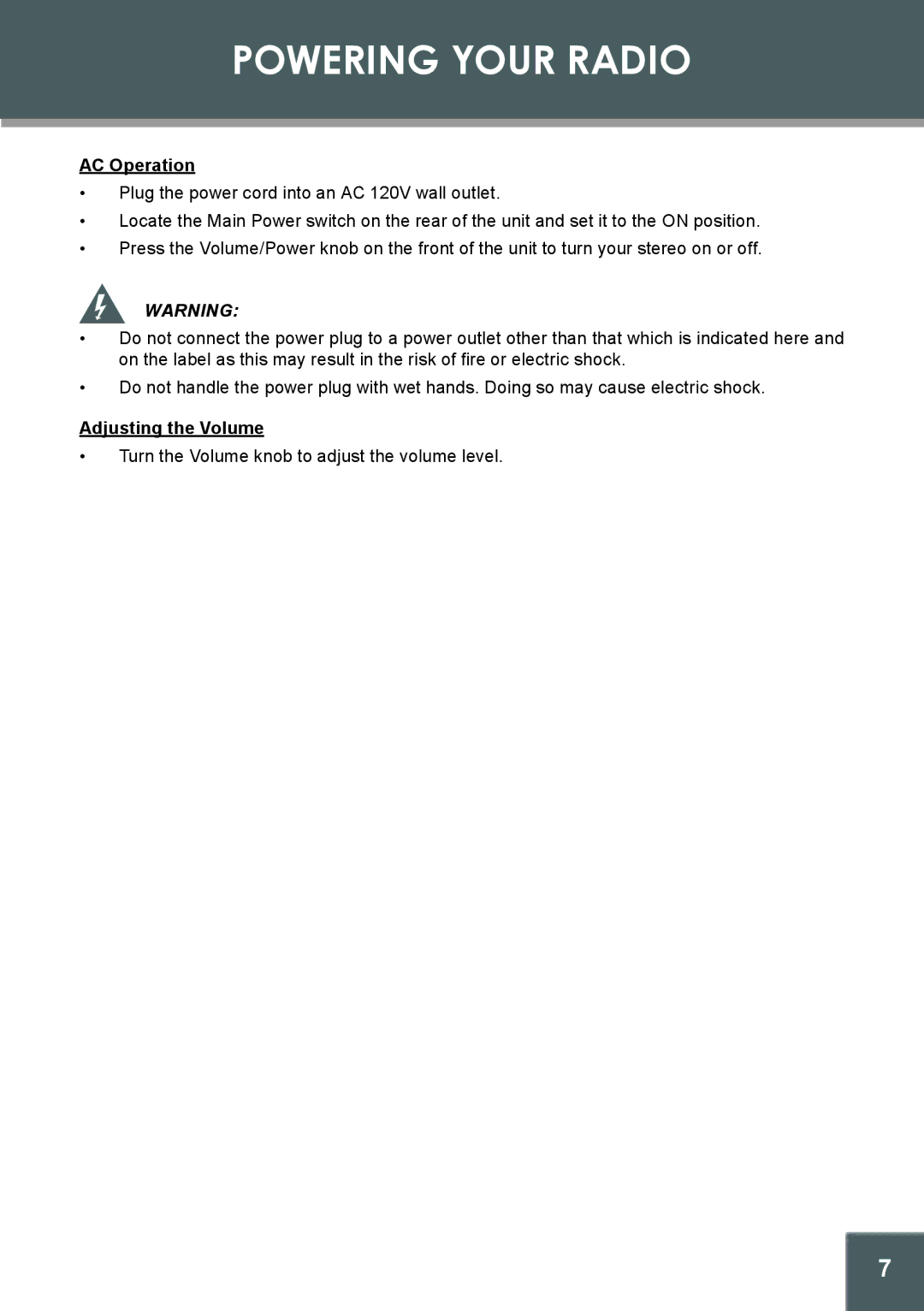 COBY electronic CX-166 instruction manual Powering Your Radio, AC Operation, Adjusting the Volume 