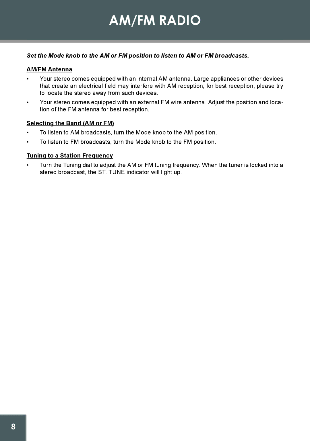 COBY electronic CX-166 AM/FM Radio, AM/FM Antenna, Selecting the Band AM or FM, Tuning to a Station Frequency 