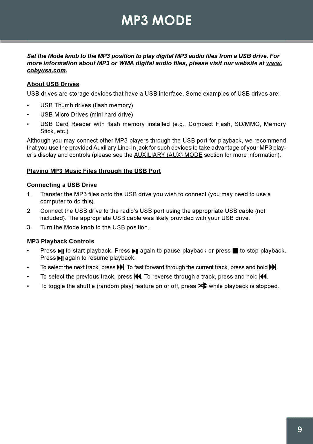 COBY electronic CX-166 instruction manual MP3 Mode, About USB Drives, MP3 Playback Controls 