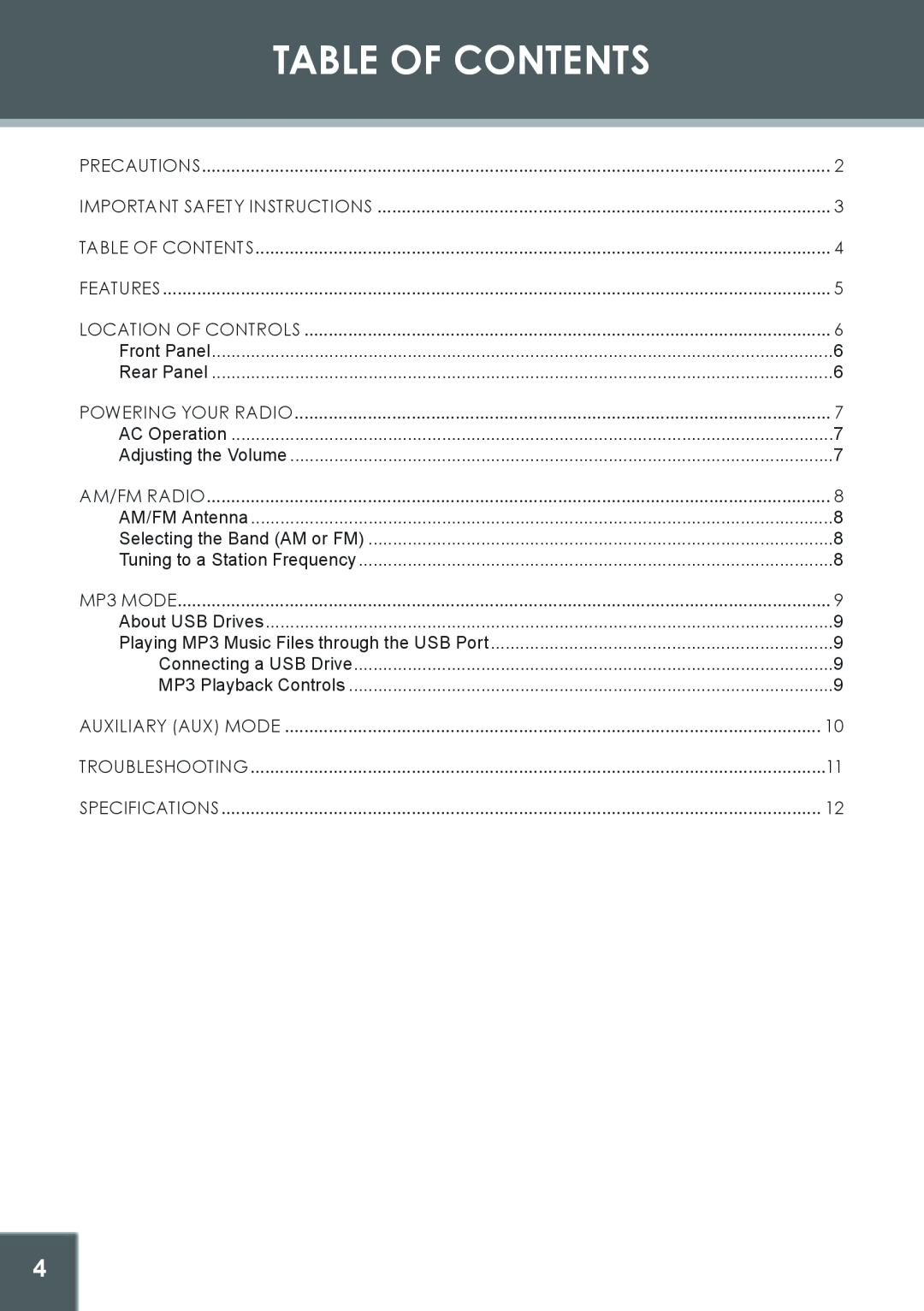 COBY electronic CX-166 instruction manual Table Of Contents 