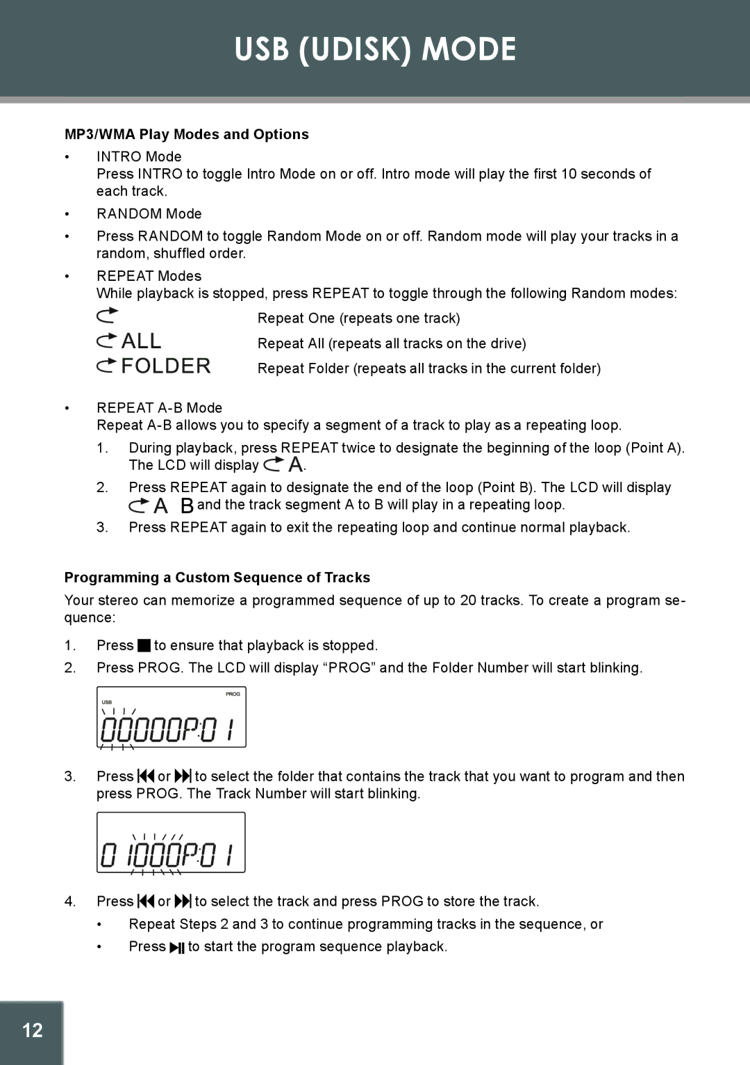 COBY electronic CX-266 instruction manual MP3/WMA Play Modes and Options, Programming a Custom Sequence of Tracks 