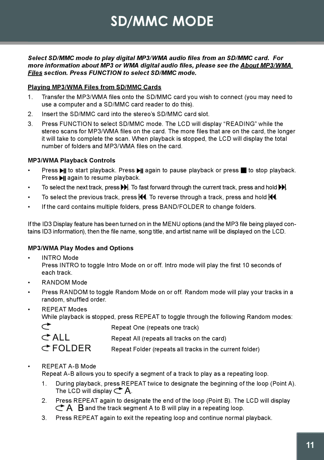 COBY electronic CX-266 instruction manual SD/MMC Mode, Playing MP3/WMA Files from SD/MMC Cards 