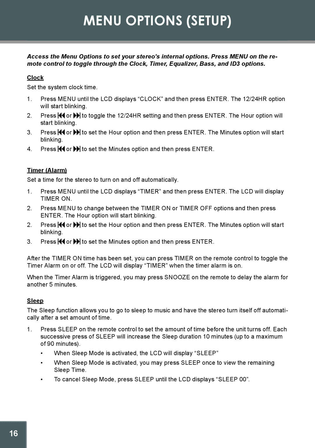 COBY electronic CX-266 instruction manual Menu Options Setup, Clock, Timer Alarm, Sleep 