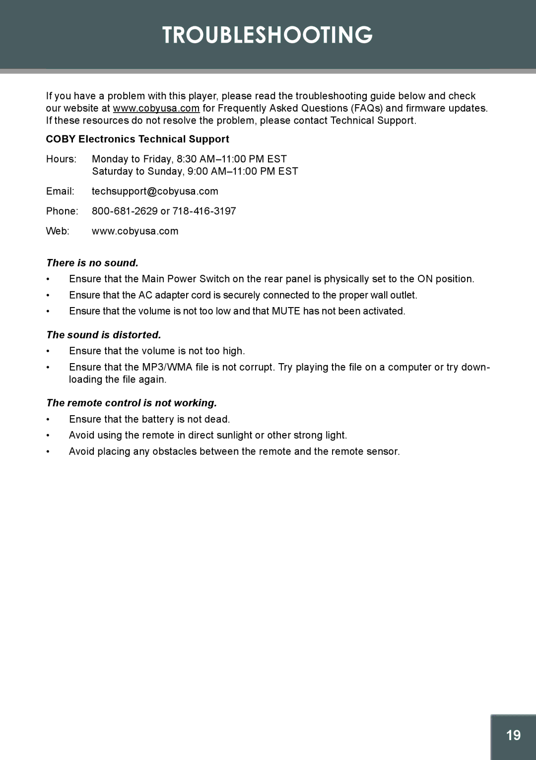 COBY electronic CX-266 instruction manual Troubleshooting, Coby Electronics Technical Support 