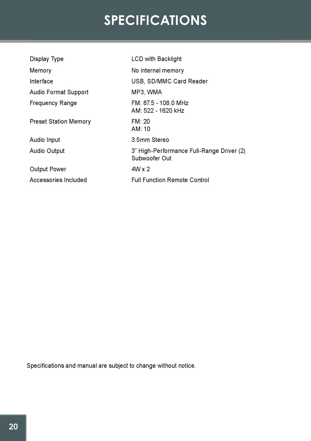 COBY electronic CX-266 instruction manual Specifications, MP3, WMA 