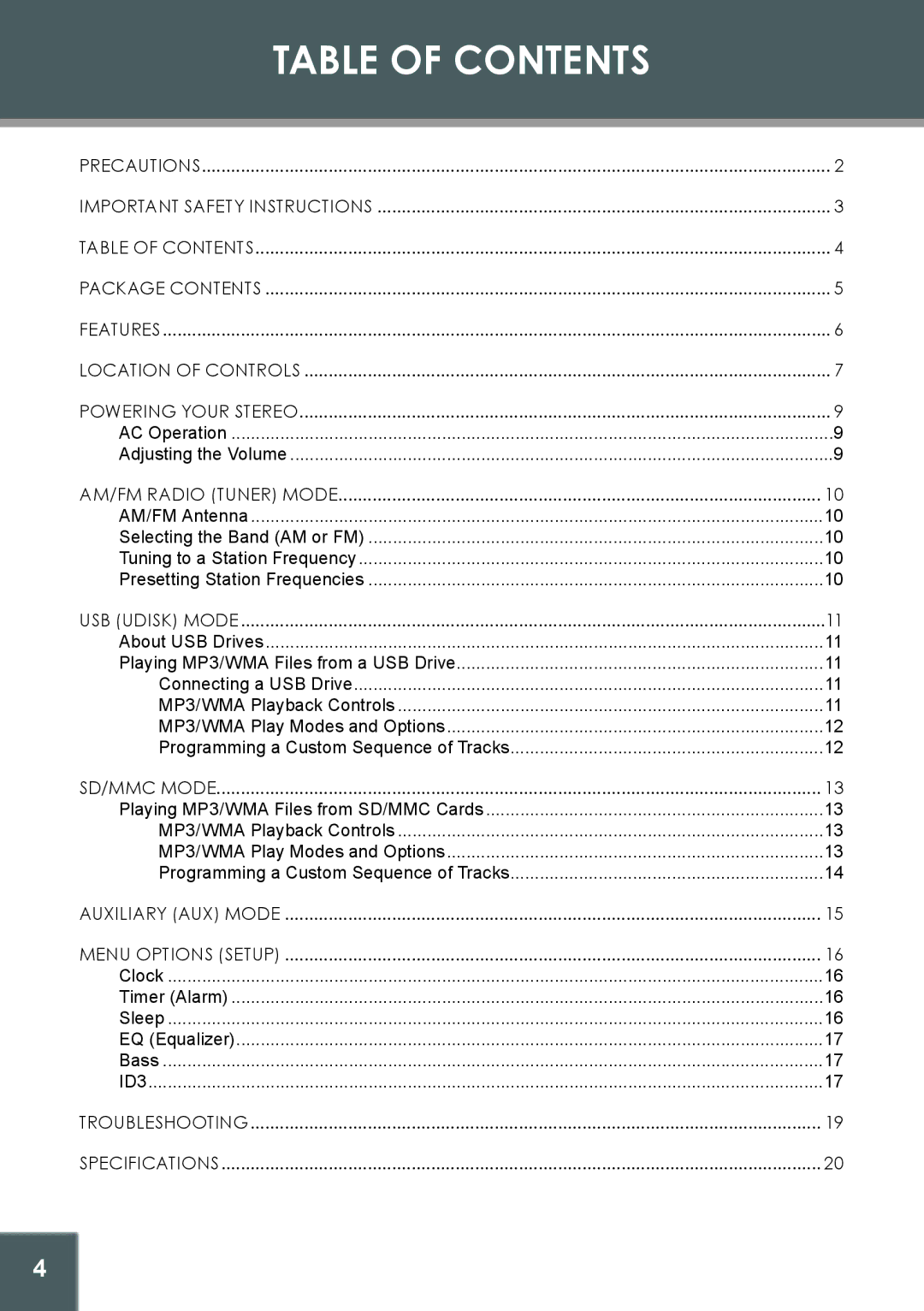 COBY electronic CX-266 instruction manual Table of Contents 