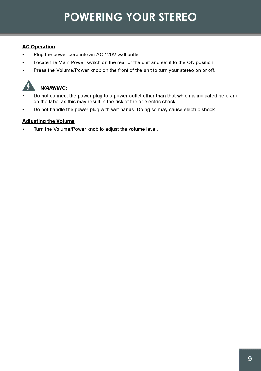 COBY electronic CX-266 instruction manual Powering Your Stereo, AC Operation, Adjusting the Volume 