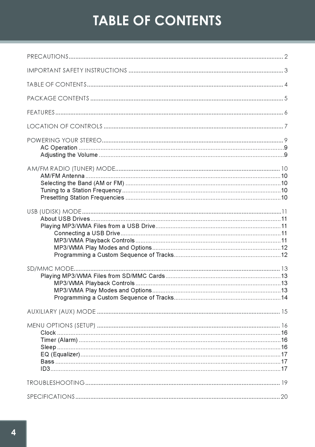COBY electronic CX-266 instruction manual Table Of Contents 