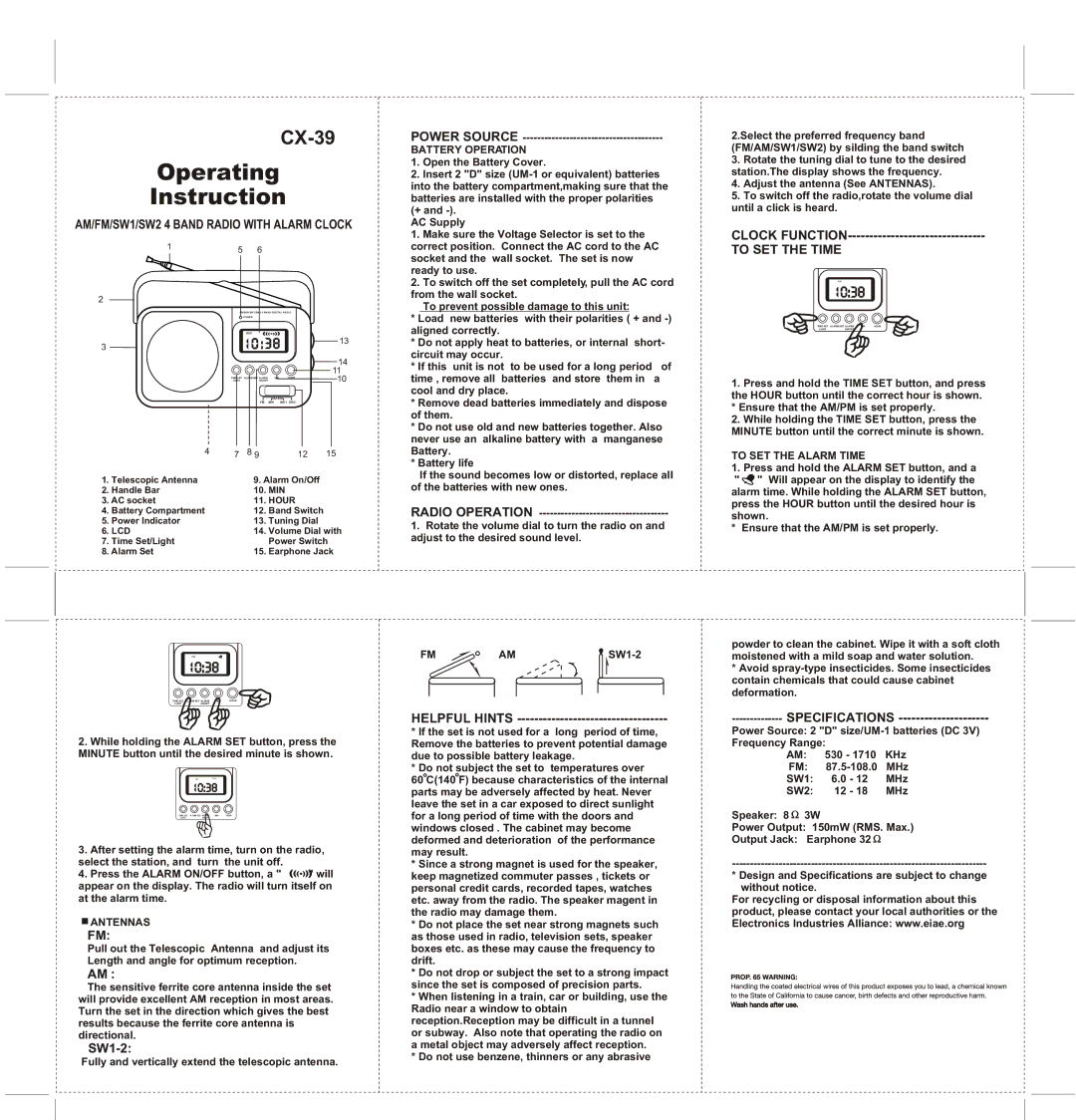 COBY electronic CX-39 specifications AM/FM/SW1/SW2 4 Band Radio with Alarm Clock, To SET the Time 