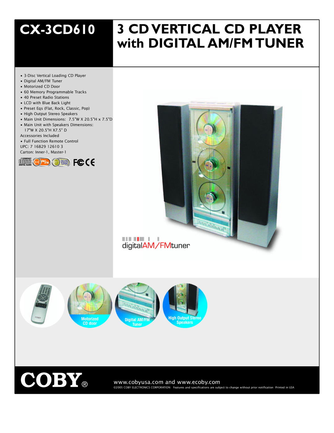 COBY electronic specifications CX-3CD6103 CD Vertical CD Player with Digital AM/FM Tuner 