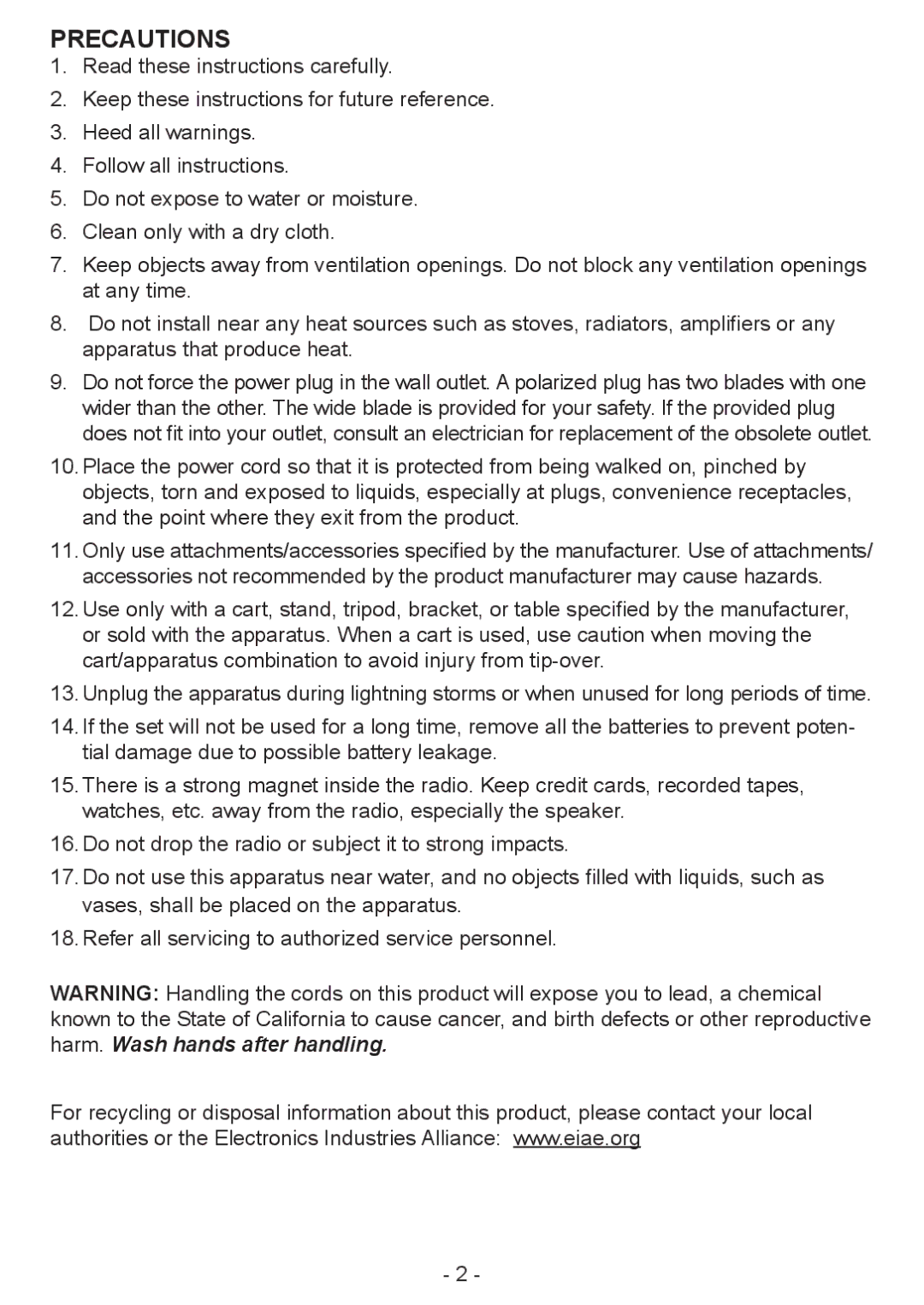 COBY electronic CX-70 manual Precautions 