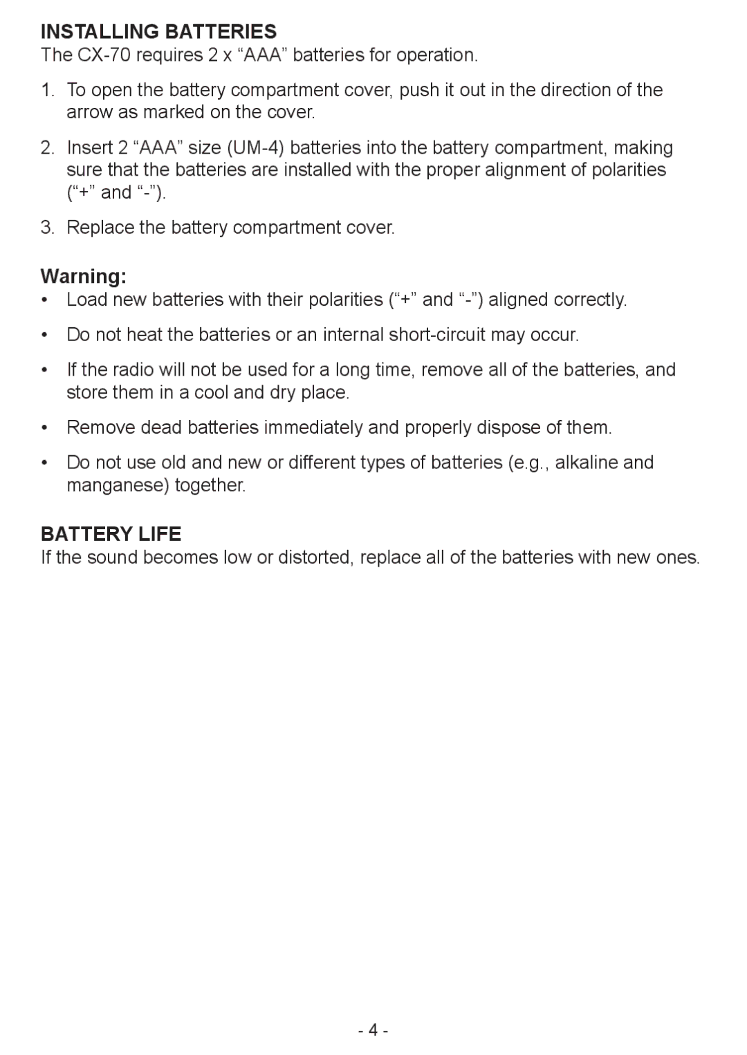 COBY electronic CX-70 manual Installing Batteries, Battery Life 