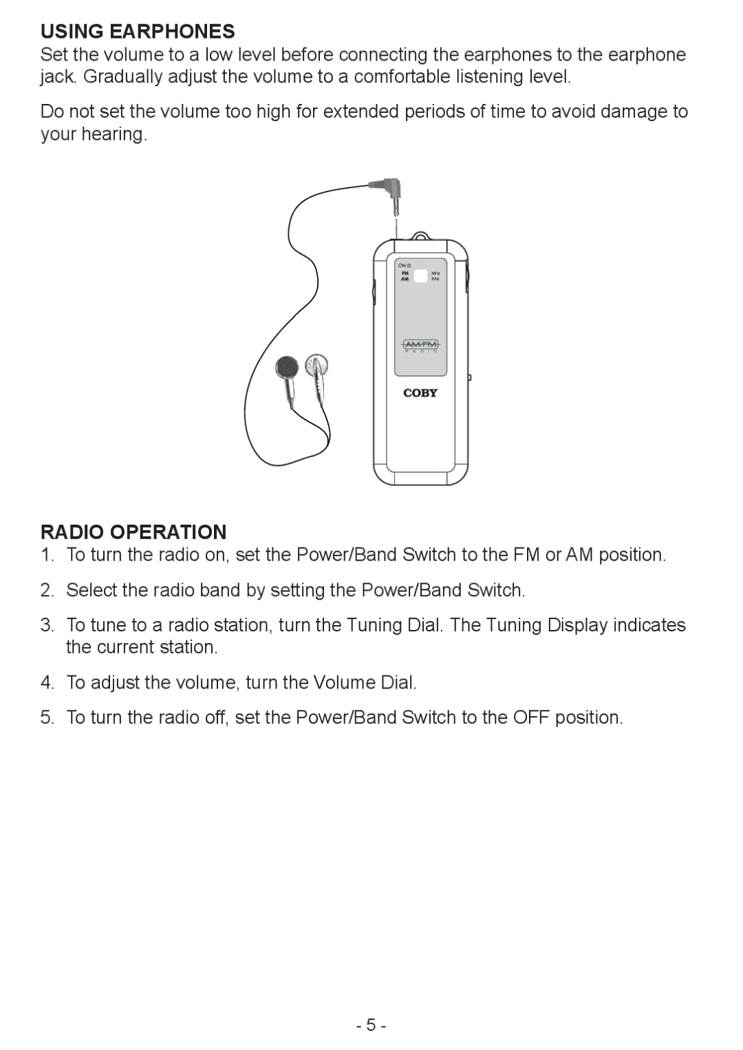 COBY electronic CX-70 manual Using Earphones, Radio Operation 