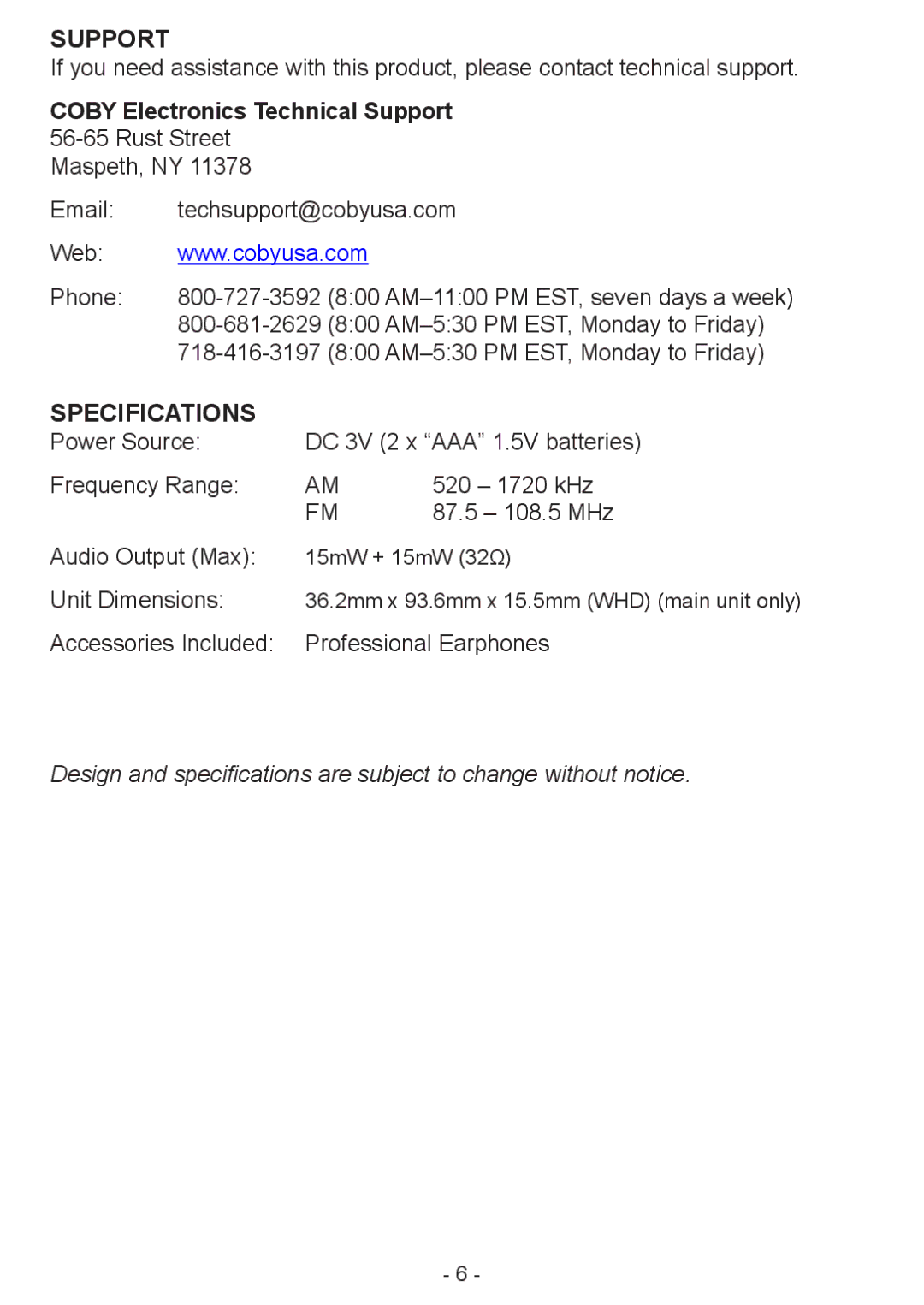 COBY electronic CX-70 manual Support, Specifications 