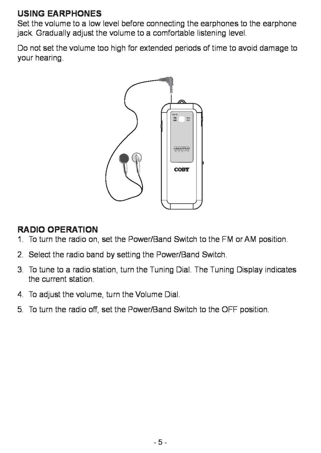 COBY electronic CX-70 manual Using Earphones, Radio Operation 