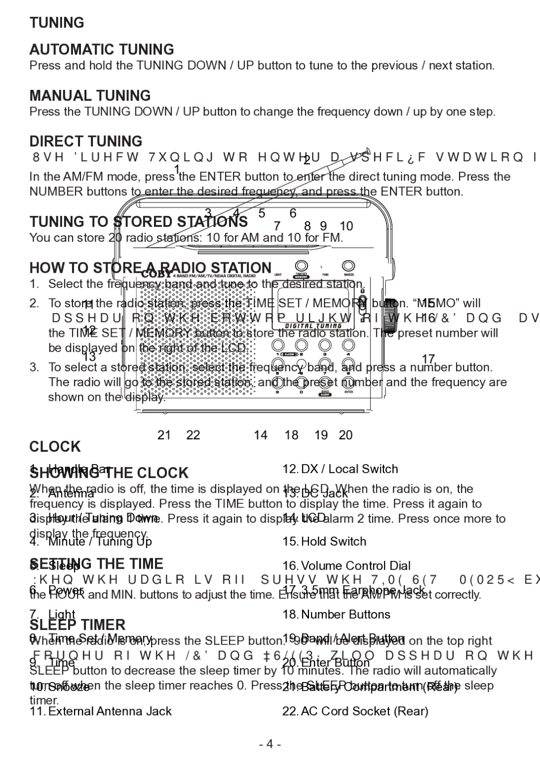 COBY electronic CX-788 Tuning Automatic Tuning, Manual Tuning, Direct Tuning, Tuning to Stored Stations, Setting the Time 