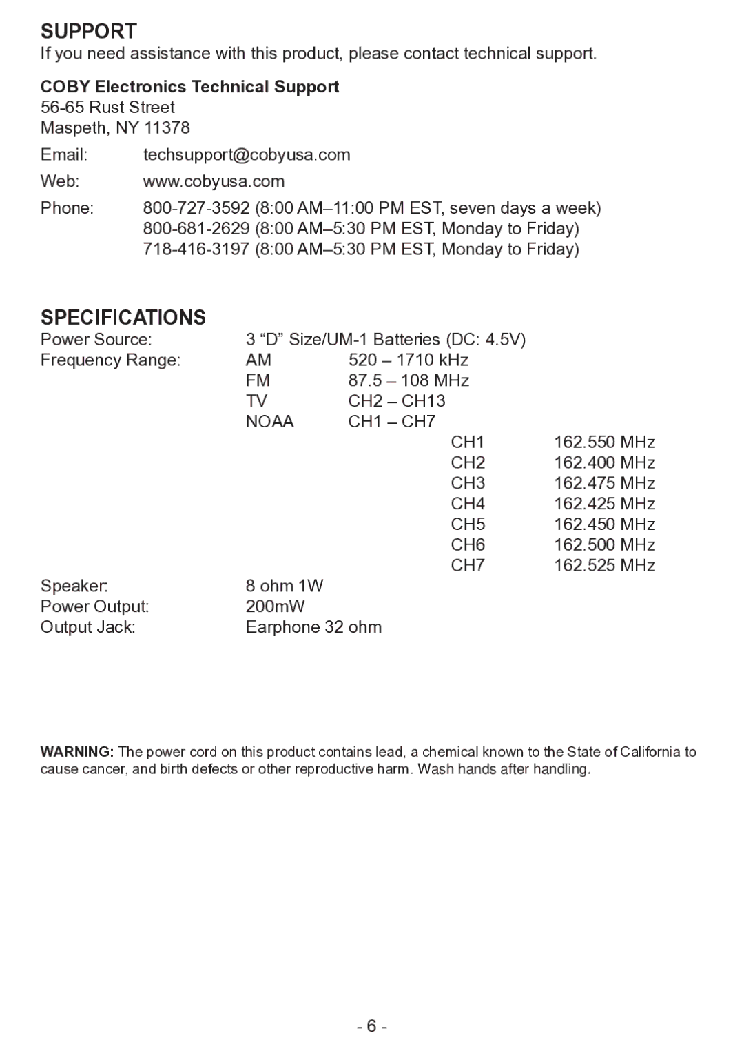 COBY electronic CX-788 operation manual Support, Specifications 