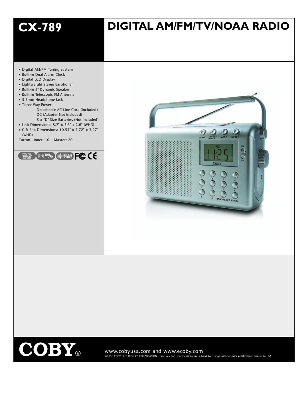 COBY electronic CX-789 specifications Digital AM/FM/TV/NOAA Radio 