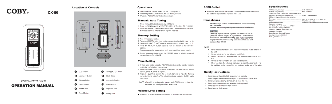 COBY electronic CX-90 specifications 