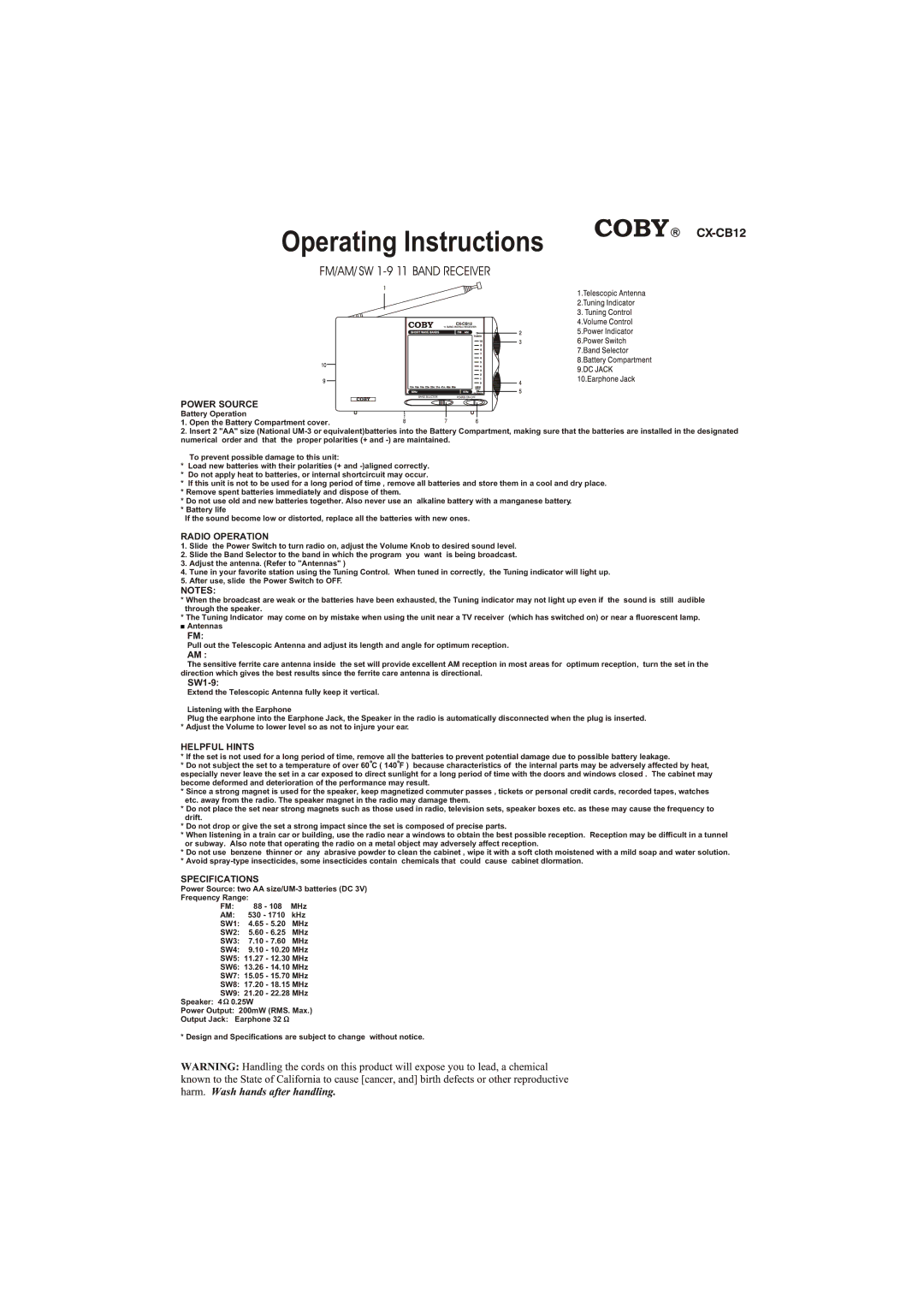 COBY electronic CX-CB12 specifications Operating Instructions, Power Source, Radio Operation, Helpful Hints 