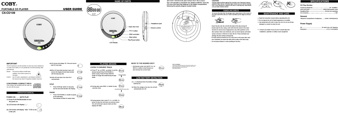 COBY electronic CX-CD109 specifications Name of Parts, Maintenance and Care, Playing Modes, LOW Battery Detection 