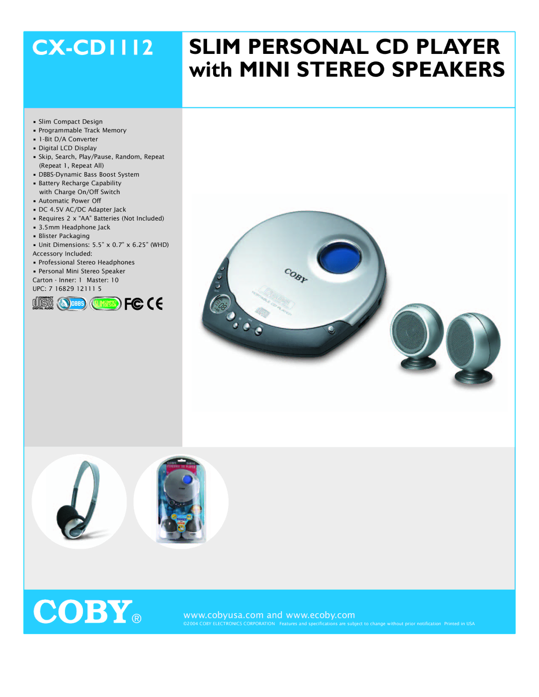 COBY electronic CX-CD1112 specifications Slim Personal CD Player, With Mini Stereo Speakers 