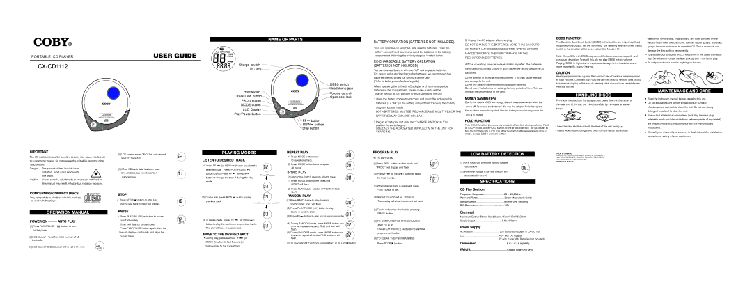 COBY electronic CX-CD1112 instruction manual RE-CHARGEABLE Battery Operation Batteries not Included, Intro Play 