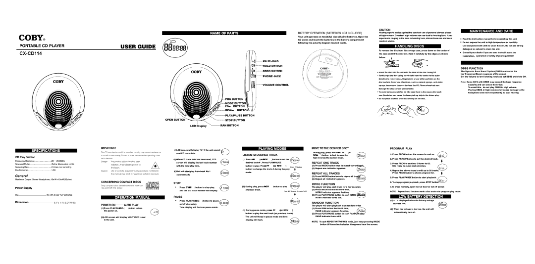 COBY electronic CX-CD114 instruction manual Dbbs Function, General, Battery Operation Batteries not Included 