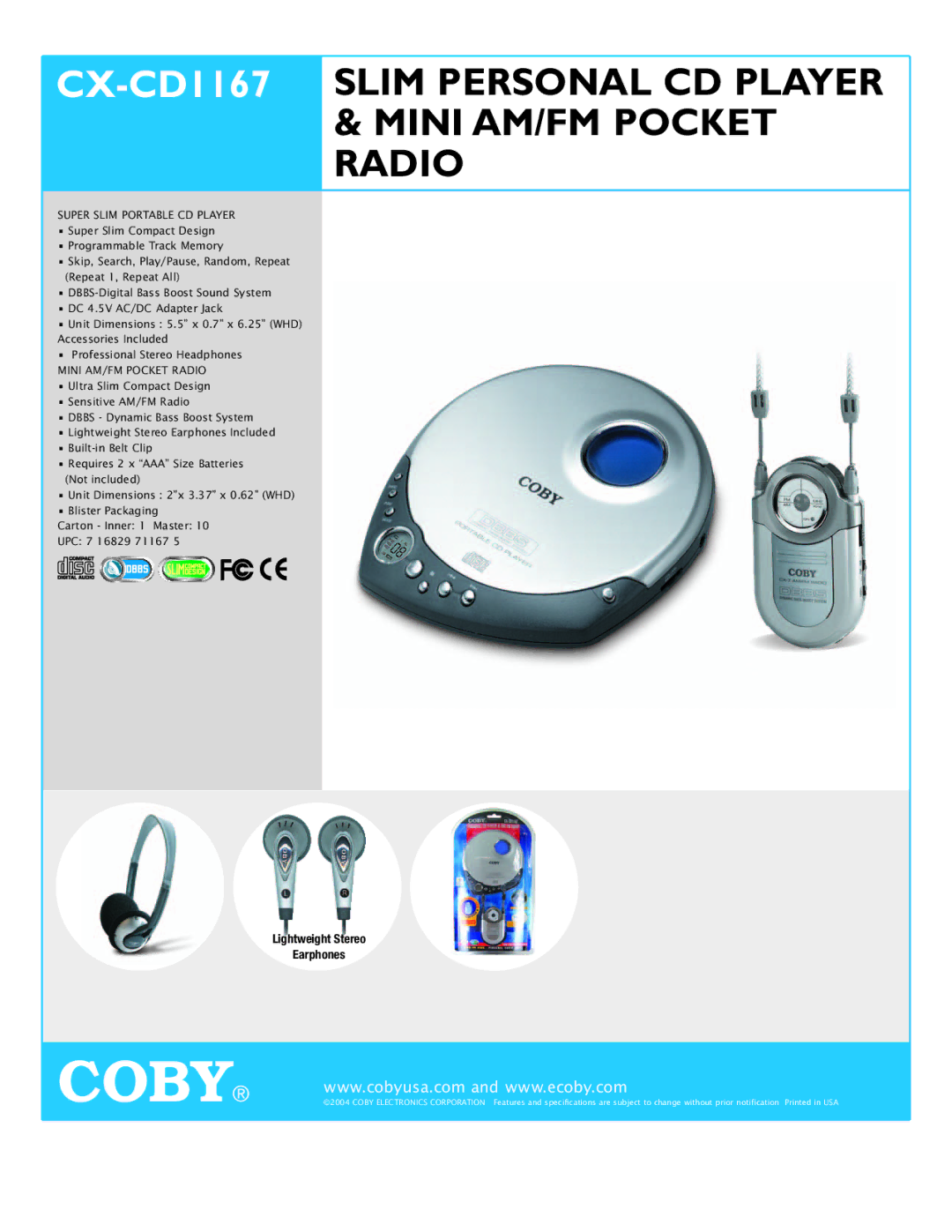 COBY electronic specifications CX-CD1167SLIM Personal CD Player Mini AM/FM Pocket Radio, Super Slim Portable CD Player 