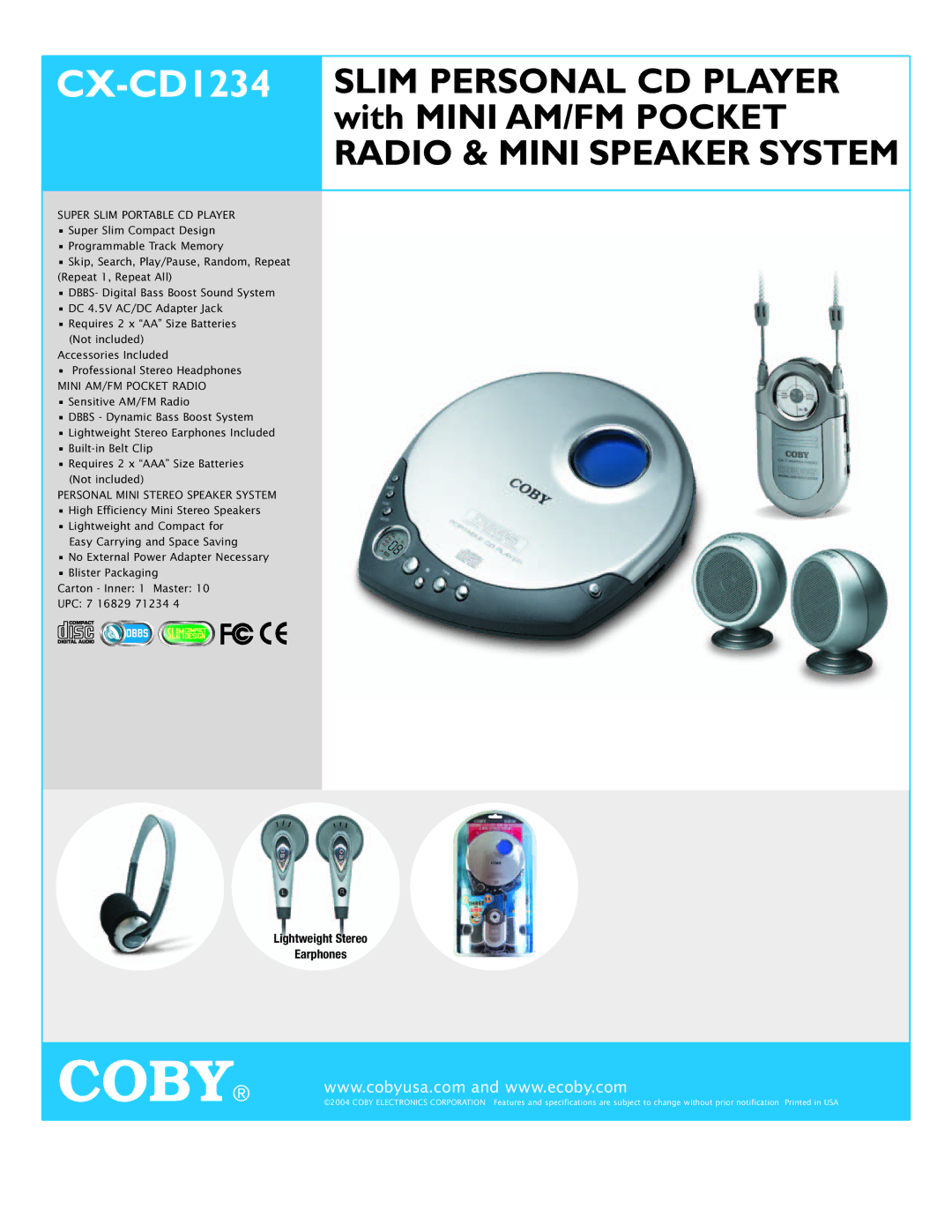 COBY electronic CX-CD1234 specifications Radio & Mini Speaker System, Super Slim Portable CD Player 