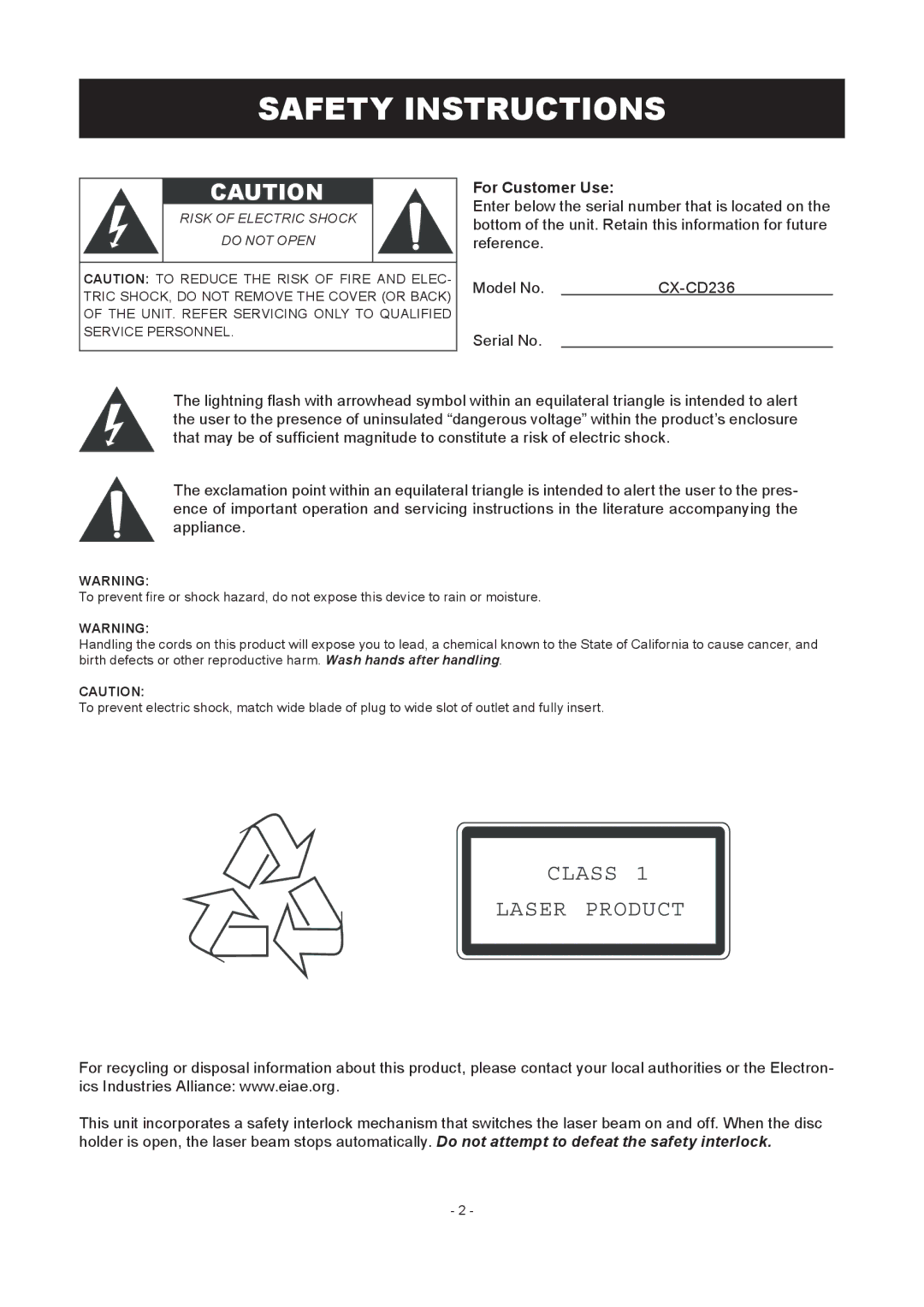 COBY electronic CX-CD236 instruction manual Safety Instructions, For Customer Use 