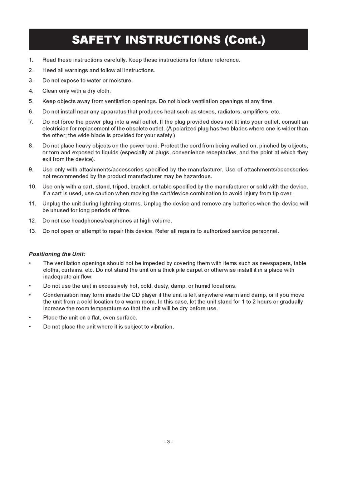 COBY electronic CX-CD236 instruction manual Safety Instructions, Positioning the Unit 